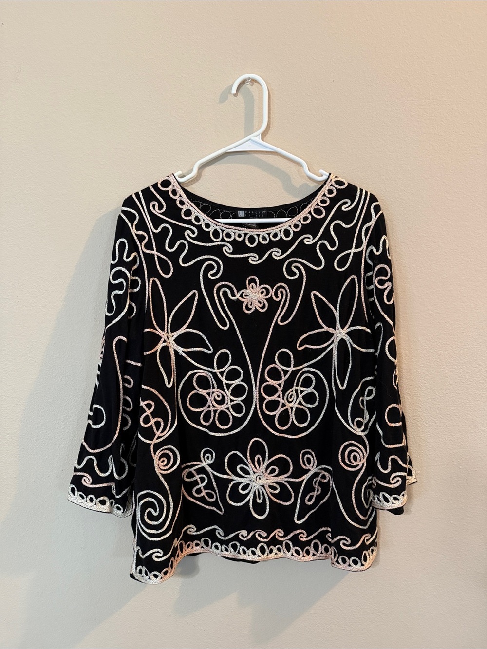 Carole Little Black Top with White Embroidered Swirls